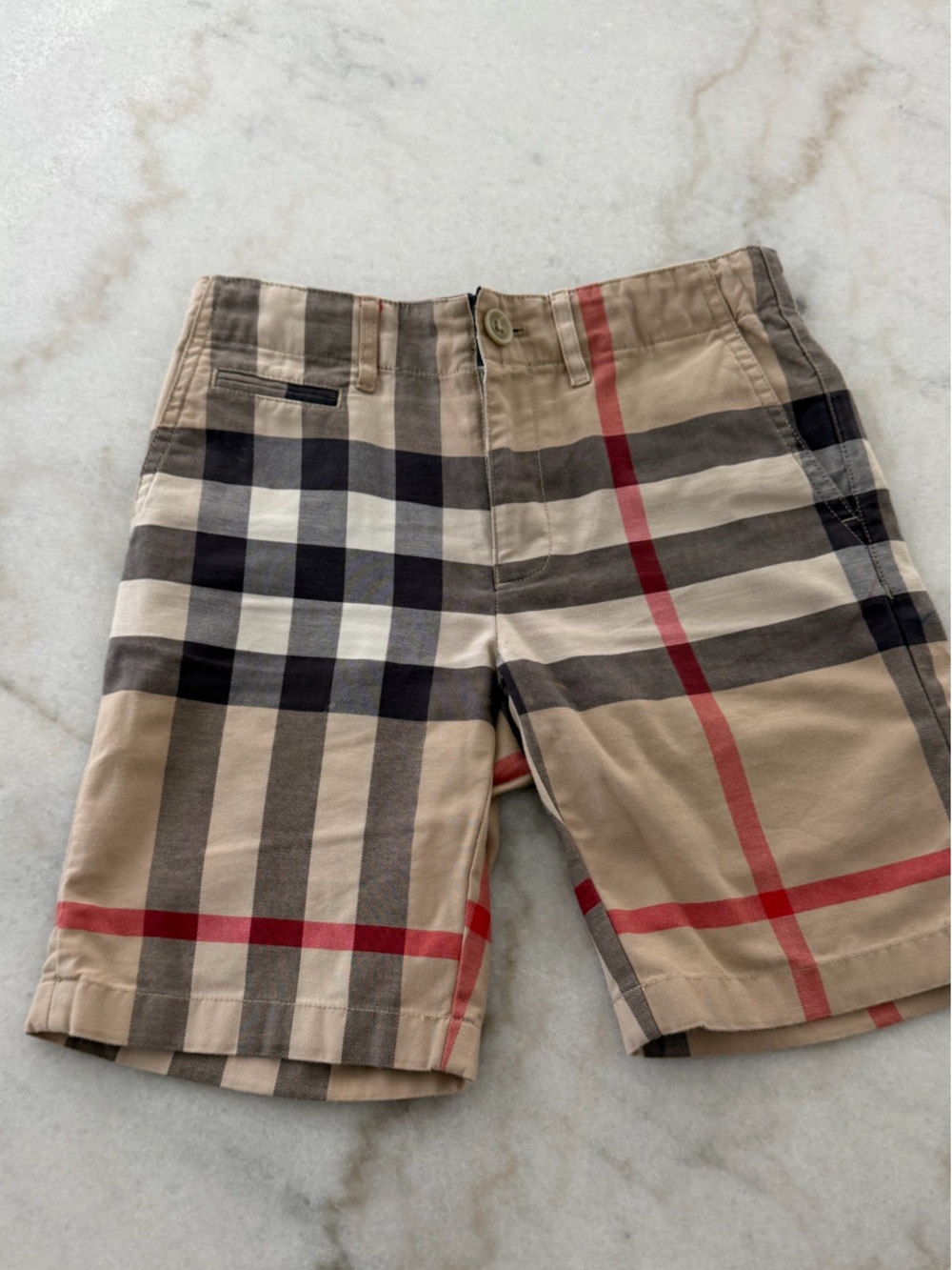 Burberry Tan Plaid Kids Shorts with Red & Black Stripes